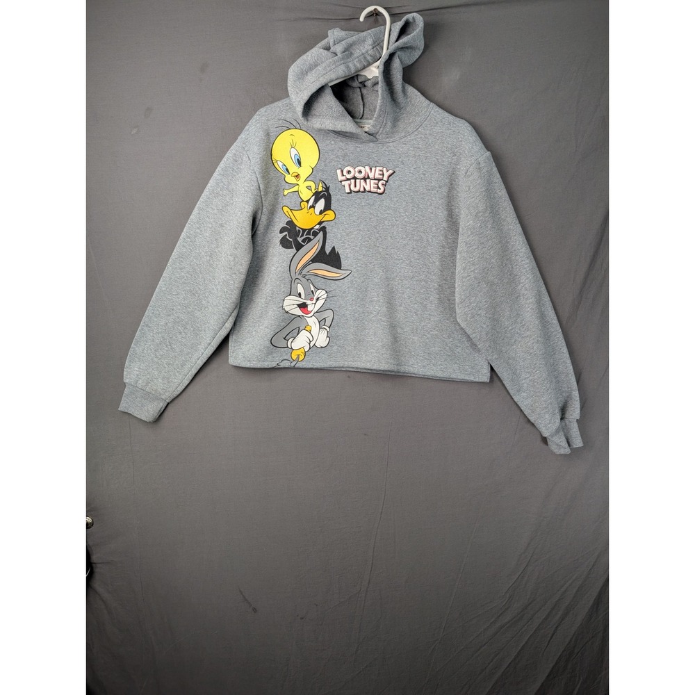 Looney Tunes Jerry Leigh Gray Cropped Hoodie Bugs Bunny Daffy Tweety Large L